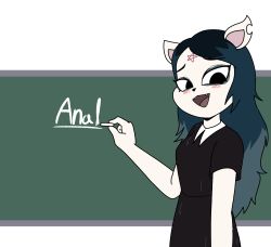 Rule 34 | 1girl, absurdres, animal ears, anonymouse, black dress, black eyes, black hair, breasts, cat ears, cat girl, chalk, chalkboard, chalkboard writing, claire d&#039;lune, dress, eyeshadow, facial mark, fangs, forehead mark, highres, long hair, makeup, mascara, pentagram, short dress, short sleeves, solo, standing, the summoning, very long hair