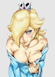 1girl aarokira absurdres bare_shoulders blonde_hair blue_dress blue_eyes breasts clothes_pull crown dress dress_pull grey_background highres looking_at_viewer mario_(series) nintendo nipple_slip nipples off-shoulder_dress off_shoulder one_eye_covered pulling_own_clothes rosalina solo super_mario_galaxy