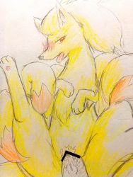 1girl animal_ears animal_hands bar_censor blush censored creatures_(company) disembodied_penis erection feet fox_ears fox_tail furry furry_female game_freak gen_1_pokemon half-closed_eyes hands_up hetero highres ibutsu looking_at_viewer multiple_tails ninetales nintendo nose_blush open_mouth penis pokemon pokemon_(creature) pussy pussy_juice red_eyes sex simple_background solo spread_legs tail tongue tongue_out traditional_media vaginal white_background