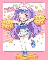 Rule 34 | 1girl, armpits, blue archive, blue bow, blue eyes, blue hat, blue ribbon, blue shirt, blue shoes, blue skirt, bow, breasts, character name, commentary request, crop top, fang, full body, hair bow, hair ornament, halo, hanae (blue archive), hanae (cheer squad) (blue archive), hat, heart, heart hair ornament, heart sticker, large breasts, long hair, midriff, navel, neck ribbon, one eye closed, onyhakase, open mouth, outstretched arms, pink halo, pom pom (cheerleading), purple hair, ribbon, shirt, shoes, skin fang, skirt, smile, sneakers, solo, standing, standing on one leg, sticker on face, sweat, thighhighs, two-tone skirt, two side up, very long hair, visor cap, white skirt, white thighhighs, x hair ornament