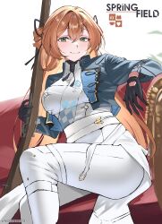1girl absurdres artist_name black_gloves blue_jacket bolt_action breasts brown_hair character_name closed_mouth commentary couch english_commentary girls&#039;_frontline girls&#039;_frontline_2:_exilium gloves green_eyes gun hair_between_eyes highres holding holding_gun holding_weapon jacket long_hair looking_at_viewer m1903_springfield on_couch open_clothes open_jacket pants rifle sitting smile solo springfield_(girls&#039;_frontline) springfield_(girls&#039;_frontline_2) tigger_drawing twitter_username weapon white_pants