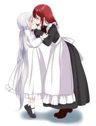 2girls apron bagel_sandica black_dress black_shoes blush bow bowtie closed_eyes commentary_request dress hand_on_another&#039;s_face highres kiss long_hair long_sleeves maid maid_apron mary_janes multiple_girls red_bow red_bowtie red_hair shadow shoes shoujo_no_nozomanu_eiyuutan simple_background socks twintails very_long_hair white_background white_dress white_hair white_socks yuri