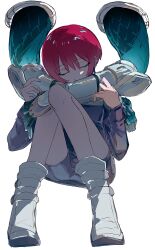 1girl absurdres amate_yuzuriha boots closed_eyes cockpit full_body gquuuuuux gundam gundam_gquuuuuux highres hug hug_from_behind knees_up long_sleeves red_hair shirt short_hair shorts sitting solo white_background ymmmkome