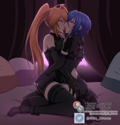 2girls ahoge bare_shoulders bed black_gloves black_leotard black_thighhighs blue_hair breasts commentary commission cross elbow_gloves english_commentary female_focus fingerless_gloves french_kiss ggc gloves grabbing_another&#039;s_ass green_hair groping high_school_dxd kiss large_breasts leotard long_hair medium_hair multicolored_hair multiple_girls on_bed orange_hair patreon_username pillow saliva shidou_irina short_hair streaked_hair subscribestar_username thighhighs tongue tongue_out twintails twitter_username watermark xenovia_quarta yuri