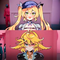 Rule 34 | 1girl, ahoge, ascot, blonde hair, blue eyes, breasts, newsboy cap, cleavage, dokibird (vtuber), dokibird (vtuber) (bounty hunter), dokibird (vtuber) (retro doki), earrings, feather hair, green eyes, hat, heterochromia, highres, indie virtual youtuber, jewelry, meme, photo background, pointy ears, red eyes, savi (byakushimc), single earring, twintails, virtual youtuber, year 1 &amp; year 2 (squid game) (meme)