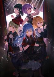 5girls absurdres amano_(amn_amn) amoris_(bang_dream!) ascot ave_mujica_(bang_dream!) bang_dream! bang_dream!_it&#039;s_mygo!!!!! beret black_ascot black_capelet black_corset black_dress black_gloves black_hair black_pantyhose black_ribbon black_skirt blonde_hair blue_eyes blue_hair brown_corset capelet chibi closed_mouth clothing_cutout commentary_request corset doloris_(bang_dream!) dress gloves green_eyes green_hair hair_between_eyes hair_ribbon hand_mirror hand_on_own_chest hat highres holding holding_mask long_hair long_sleeves mask medium_hair mirror misumi_uika mortis_(bang_dream!) mortis_(costume)_(bang_dream!) multiple_girls oblivionis_(bang_dream!) one_eye_closed open_mouth pantyhose pantyhose_under_shorts pink_eyes purple_eyes purple_hair red_capelet red_hat red_shirt red_shoes red_shorts ribbon see-through_clothes see-through_sleeves shirt shoes short_hair shorts shoulder_cutout showgirl_skirt sidelocks skirt skirt_hold sparkle timoris_(bang_dream!) togawa_sakiko wakaba_mutsumi white_ascot white_shirt yahata_umiri yellow_eyes yuutenji_nyamu