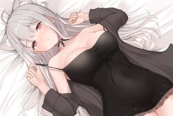 Rule 34 | 1girl, absurdres, ahoge, animal ear fluff, animal ears, black chemise, black choker, black jacket, blush, breasts, brown eyes, cat ears, cat girl, choker, cleavage, covered navel, frilled chemise, grey hair, hair ornament, highres, honome sui, indie virtual youtuber, jacket, large breasts, long hair, looking at viewer, lying, on back, open clothes, open jacket, parted lips, pom pom (clothes), pom pom hair ornament, sidelocks, solo, strap lift, strap slip, sweat, uise iu, virtual youtuber