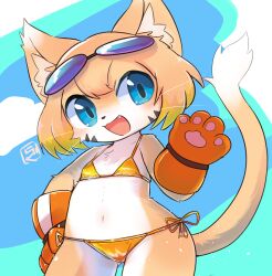 1girl absurdres animal_hands bikini blue_eyes blue_sky cat_busters cat_girl cloud fang furry furry_female gloves goggles goggles_on_head gold_bikini hand_on_own_hip highres looking_at_viewer open_mouth pac-man_(cat_busters) paw_gloves ragu_(apricolor) short_hair side-tie_bikini_bottom sky solo swimsuit wide_hips