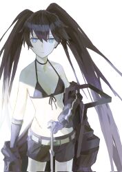 Rule 34 | 1girl, arm cannon, belt, bikini, bikini top only, black rock shooter, black rock shooter (character), black shorts, blue eyes, highres, kuthi0510, long hair, no shirt, pale skin, rock cannon, scar, shorts, solo, swimsuit, sword, twintails, weapon, white background
