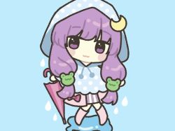 1girl :3 blue_background blue_hoodie blunt_bangs blush_stickers chibi closed_mouth commentary_request crescent crescent_hair_ornament dress frog_hair_ornament full_body hair_ornament holding holding_umbrella hood hood_up hoodie kagome_f long_hair looking_at_viewer open_clothes open_robe patchouli_knowledge pink_robe pink_umbrella puddle purple_dress purple_eyes purple_hair rain robe solo striped_clothes striped_dress touhou two-tone_dress umbrella vertical-striped_clothes vertical-striped_dress white_dress