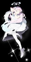 1girl absurdres angel_wings black_background blue_archive blush closed_eyes dress feathered_wings flower full_body fuyubone hair_bun hair_flower hair_ornament halo high_heels highres long_hair low_wings mika_(blue_archive) pink_hair pink_halo scrunchie simple_background single_side_bun smile solo white_dress white_wings wing_ornament wings wrist_scrunchie