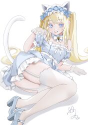 1girl absurdres animal_ear_hairband animal_ears bare_shoulders bell blonde_hair blue_bow blue_collar blue_dress blue_eyes blue_shoes bow bowtie breasts cat_ear_hairband cat_ears cat_tail collar colored_eyelashes detached_collar dress fake_animal_ears fake_tail frilled_collar frilled_dress frilled_hairband frills garter_straps gloves hairband high_heels highres jingle_bell lace lace_gloves long_hair looking_at_viewer lying m1k0to_zz ohisashiburi_(style) on_side original paw_pose shoes small_breasts smile solo strapless tail teeth thighhighs thighs twintails white_background white_bow white_bowtie white_gloves white_thighhighs