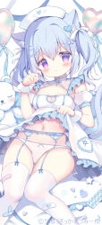 1girl animal_ear_fluff animal_ears azumi_kazuki balloon bandaid bandaid_on_leg blue_hair blush bow bow_panties breasts cat_ears cat_girl cat_tail cleavage cleavage_cutout clothes_lift clothing_cutout commentary_request crossed_bandaids detached_sleeves dress dress_lift feet_out_of_frame frilled_dress frills garter_belt hair_between_eyes hair_ornament hairclip hat heart heart_balloon heart_cutout heart_hair_ornament highres knees_together_feet_apart lifting_own_clothes medium_breasts navel nurse_cap original panties parted_lips pill puffy_short_sleeves puffy_sleeves purple_eyes short_sleeves solo stuffed_animal stuffed_toy tail teddy_bear thighhighs twintails underwear white_hat white_panties white_sleeves white_thighhighs x_hair_ornament