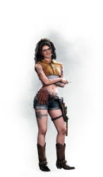 1girl 3d absurdres belt black_hair boots capcom cigarette crop_top crossed_arms devil_may_cry_(series) devil_may_cry_5 freckles glasses gloves highres looking_to_the_side midriff navel nico_(devil_may_cry) official_art pubic_tattoo realistic short_shorts shorts simple_background smile solo stomach tattoo undershirt utility_belt