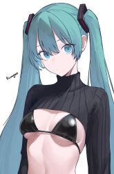 1girl absurdres aqua_eyes aqua_hair bikini black_bikini black_sweater breasts cropped_sweater expressionless hatsune_miku highres jungsungwoo long_hair long_sleeves looking_at_viewer medium_breasts navel ribbed_sweater simple_background solo stomach string_bikini sweater swimsuit turtleneck turtleneck_sweater twintails upper_body very_long_hair vocaloid white_background