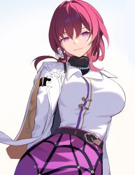 Rule 34 | 1girl, absurdres, bead necklace, beads, belt, breasts, brown belt, commentary, flower, hair flower, hair ornament, high-waist skirt, highres, honkai: star rail, honkai (series), huge breasts, jacket, jewelry, kafka (good me) (honkai: star rail), kafka (honkai: star rail), long hair, looking at viewer, necklace, nokku (ren nokku), purple eyes, purple hair, purple skirt, simple background, skirt, smile, solo, upper body, white background, white flower, white jacket