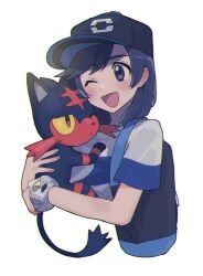 1boy ;d backpack bag baseball_cap black_bag black_hair black_headwear blush commentary_request elio_(pokemon) fingernails gen_7_pokemon grey_eyes hat highres holding holding_pokemon litten male_focus medium_hair nintendo one_eye_closed open_mouth oshi_taberu pokemon pokemon_(creature) pokemon_sm shirt short_sleeves simple_background smile striped_clothes striped_shirt swept_bangs t-shirt tongue upper_body white_background z-ring