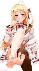 1girl ahoge barefoot blonde_hair blush casino_(casinoep) feet foot_focus grin hair_ribbon highres hololive hololive_dev_is jacket long_hair long_sleeves off_shoulder one_side_up open_clothes open_jacket otonose_kanade otonose_kanade_(1st_costume) ribbon simple_background single_thighhigh sitting smile soles solo spread_toes thighhighs toes virtual_youtuber white_background