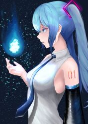 1girl absurdres aqua_eyes aqua_hair aqua_necktie arm_tattoo bare_shoulders blacklilyy breasts collared_shirt detached_sleeves frown hair_between_eyes hand_up hatsune_miku highres long_hair long_sleeves looking_at_object medium_breasts miku_day necktie number_tattoo parted_lips shirt simple_background sleeveless sleeveless_shirt solo tattoo twintails very_long_hair vocaloid white_shirt will-o&#039;-the-wisp_(mythology)