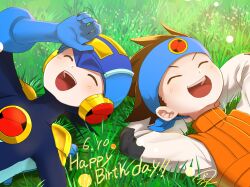 2boys arms_behind_head blue_bodysuit blue_helmet bodysuit brothers brown_hair closed_eyes dated happy_birthday helmet highres lan_hikari_(mega_man) lying male_focus mandora_(dora_6905) mega_man_(series) mega_man_battle_network_(series) megaman.exe multiple_boys on_back on_grass open_mouth orange_vest shirt short_hair siblings smile twins upper_body vest white_shirt