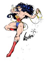 1girl bare_legs bare_shoulders biceps black_hair blue_eyes blush bracer breasts curvy dc_comics full_body highleg highleg_leotard highres large_breasts leotard long_hair looking_at_viewer multicolored_leotard muscular muscular_female parted_bangs parted_lips revealing_clothes ryeono_kemo shiny_skin simple_background smile solo star_(symbol) star_print superhero_costume thick_thighs thighs toned toned_female translation_request two-tone_leotard white_background wide_hips wonder_woman wonder_woman_(series)