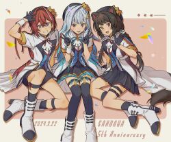 3girls agemono_ume ange_katrina animal_ears animal_hair_ornament ankle_boots anniversary arm_support arm_up beret blue_eyes blue_gloves blue_hair blue_hat blue_petals blue_ribbon blue_shorts blue_skirt blue_socks blue_thighhighs blue_vest boots border braid brown_hair brown_tail commentary_request crown_hat_ornament dated dog_ears dog_girl dog_tail double_v drop_shadow falling_petals fangs frilled_skirt frills gloves green_petals grey_border group_name hair_behind_ear hair_between_eyes hair_intakes hair_ornament hair_ribbon half_gloves hands_up hat heterochromia high_heel_boots high_heels highres inui_toko jacket knee_up knees_together_feet_apart lapels leg_ribbon legwear_garter lize_helesta long_hair looking_at_viewer low_twin_braids miniskirt multicolored_hair multiple_girls neck_ribbon nijisanji orange_petals outside_border petals pink_background pleated_skirt purple_eyes purple_ribbon red_eyes red_hair red_ribbon ribbon sanbaka_(nijisanji) sanbaka_anniversary_outfit short_hair short_sleeves shorts side_braid single_hair_intake sitting skirt socks spread_fingers star_(symbol) streaked_hair tail tail_under_clothes thigh_strap thighhighs twin_braids two-tone_hair v very_long_hair vest virtual_youtuber white_boots white_hair white_jacket white_wrist_cuffs wrist_cuffs wrist_ribbon yellow_eyes zettai_ryouiki