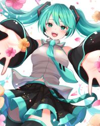1girl :d aqua_eyes aqua_hair aqua_necktie bare_shoulders black_skirt black_sleeves black_thighhighs blush breasts collared_shirt commentary_request cowboy_shot detached_sleeves flower grey_shirt hair_ornament hatsune_miku highres large_breasts long_hair long_sleeves looking_at_viewer miniskirt navel necktie open_mouth outstretched_arms pink_flower pleated_skirt reaching reaching_towards_viewer shirt skirt sleeveless sleeveless_shirt smile solo standing teeth thighhighs tie_clip twintails upper_teeth_only vocaloid yoshiki1020 zettai_ryouiki