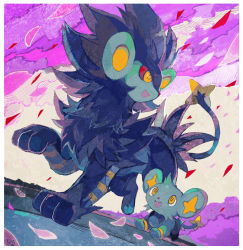 :d border colored_sclera commentary_request gen_4_pokemon kantarou_(8kan) luxray nintendo no_humans open_mouth outdoors petals pokemon pokemon_(creature) red_sclera shinx smile standing walking white_border yellow_eyes yellow_pupils