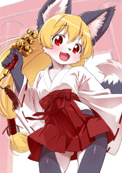1girl :d akuma_gaoru animal_ear_fluff animal_ears animal_nose blonde_hair breasts commentary_request cowboy_shot furry furry_female futaba_channel gluteal_fold grey_fur hakama hakama_skirt japanese_clothes kimono long_hair long_sleeves looking_at_viewer low-tied_long_hair open_mouth pawpads red_eyes red_hakama ribbon-trimmed_sleeves ribbon_trim senzoc single_sleeve_past_fingers skirt smile solo tail two-tone_fur white_fur white_kimono wide_sleeves