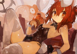 1girl :3 absurdres alternate_costume animal_ears black_bow black_bowtie black_leotard blush bow bowtie breasts brown_eyes brown_hair cleavage closed_mouth commentary fake_animal_ears fake_tail folded_ponytail highres inazuma_(kancolle) kaamin_(mariarose753) kantai_collection leotard looking_at_viewer medium_breasts playboy_bunny rabbit_ears solo strapless strapless_leotard tail thighhighs white_thighhighs wrist_cuffs