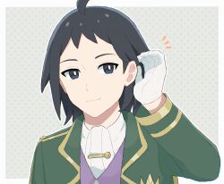 1boy ahoge black_hair border bright_pupils cheren_(champion)_(pokemon) cheren_(pokemon) commentary_request fuyuu_(float_39bui) gloves green_jacket hair_behind_ear hand_up highres jacket looking_at_viewer male_focus medium_hair necktie nintendo official_alternate_costume open_clothes open_jacket outside_border pokemon pokemon_masters_ex purple_vest shirt solo tie_clip tucking_hair vest white_border white_gloves white_necktie white_pupils white_shirt