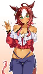1girl ahoge animal_ears cowboy_shot dark-skinned_female dark_skin darley_arabian_(umamusume) ear_covers ear_ornament green_eyes highres horse_ears horse_girl horse_tail komb long_hair looking_at_viewer off-shoulder_shirt off_shoulder red_shirt shirt solo tail umamusume