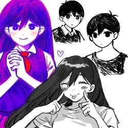 Rule 34 | 2boys, 2girls, :p, ^ ^, antenna hair, black hair, blush, bright pupils, brother and sister, bu3hgg, closed eyes, closed mouth, collared shirt, colored skin, commentary, cropped torso, dot nose, double-parted bangs, dual persona, empty eyes, fingernails, fingers to cheeks, hair behind ear, hair between eyes, hands up, hatching (texture), highres, index fingers raised, interlocked fingers, long hair, looking at viewer, mari (faraway) (omori), mari (headspace) (omori), mari (omori), multiple boys, multiple girls, neckerchief, no pupils, omori, omori (omori), own hands clasped, own hands together, pink skirt, purple eyes, purple hair, purple sweater vest, red neckerchief, shirt, short hair, short sleeves, siblings, simple background, skirt, smile, spoilers, straight hair, sunny (omori), sweater vest, symbol-only commentary, tank top, tongue, tongue out, upper body, very short hair, white background, white pupils, white shirt, white skin