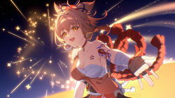 1girl aerial_fireworks arm_tattoo bandaged_arm bandages black_gloves breast_tattoo breasts chest_sarashi choker cleavage collarbone commentary_request fireworks flower_tattoo genshin_impact gloves hadanugi_dousa highres japanese_clothes kimono large_breasts looking_at_viewer md5_mismatch open_kimono open_mouth orange_eyes orange_hair orange_kimono red_choker sarashi short_hair smile so_zei_tama_tama solo tattoo upper_body yoimiya_(genshin_impact)