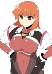 1girl alternate_color archived_source black_gloves bodysuit breasts brown_eyes covered_navel gloves hands_on_own_hips highres light_frown looking_at_viewer macross macross_delta mecha_pilot_suit medium_breasts medium_hair misty_(pokemon) nintendo orange_hair pokemon pokemon_adventures rice_grg simple_background solo standing white_background