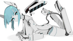1girl aqua_eyes aqua_hair breasts detached_wings full_body large_breasts looking_at_viewer lying mechanical_arms mechanical_hands mechanical_legs mechanical_wings nanatsuki_sousuke on_stomach original robot_girl short_hair simple_background solo tail the_pose white_background wings