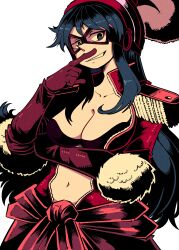 1girl absurdres black_bra blue_hair bra breasts cleavage commentary cowboy_shot english_commentary epaulettes eye_mask gloves hat high_collar highres long_hair looking_at_viewer navel one_piece pointy_nose porche_(one_piece) simple_background smile solo underwear vakodraws white_background
