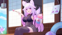 Rule 34 | 1girl, :d, absurdres, ahoge, animal ears, architecture, ball, beachball, bell sleeves, black bra, black leotard, blue sky, blush, bra, breasts, cat ears, cat girl, cat tail, cloud, colored inner hair, colored tips, commission, covered navel, day, east asian architecture, eyelashes, fang, food, g-string, gold necklace, highres, indie virtual youtuber, innertube, jewelry, large breasts, leotard, letter, long hair, long sleeves, love letter, multicolored hair, necklace, open mouth, outdoors, pink nails, pinwheel, pisceun, porch, purple eyes, see-through clothes, see-through shirt, sharing food, shaved ice, shirt, shiyuonline, shouji, sideboob, simple bird, skeb commission, sky, sliding doors, smile, solo, stirrup legwear, summer, swim ring, tail, thighhighs, thong, toeless legwear, transparent leotard, underwear, white hair, wooden porch
