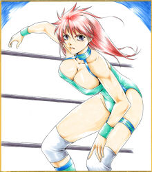 1girl boots breasts cleavage female_focus leotard lips long_hair mighty_yukiko pink_hair purple_eyes solo tomjpn wrestle_angels wrestle_angels_survivor wrestler wrestling_outfit wrestling_ring wristband