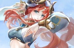 1girl aqua_eyes arms_up artist_name blue_brooch blue_sky bracer breasts brooch circlet commentary crop_top dancer detached_sleeves fake_horns floating_hair genshin_impact gold_trim highres horns jewelry long_hair long_sleeves looking_at_viewer low_twintails medium_breasts mohri nail_polish neck_ring nilou_(genshin_impact) parted_bangs parted_lips puffy_long_sleeves puffy_sleeves red_hair revision sky solo twintails upper_body veil white_veil