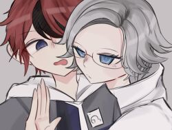 aotsuki_eito black_hair blue_eyes closed_mouth frown glasses grey_background grey_hair hand_up hug multicolored_eyes multicolored_hair open_mouth parted_hair red_eyes red_hair simple_background sumino_takumi the_hundred_line_-last_defense_academy- upper_body