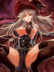 10s 1girl belt black_thighhighs blush breasts detached_sleeves edobox female_focus gradient_background granblue_fantasy hat large_breasts lips looking_at_viewer magisa_(granblue_fantasy) open_mouth shingeki_no_bahamut silver_hair solo spread_legs thighhighs wet witch_hat