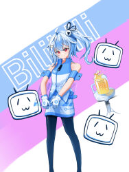 1girl alcohol beer beer_mug bili_girl_33 bilibili black_pantyhose blue_hair closed_mouth commentary cup gloves hair_ornament highres holding holding_tablet_pc logo looking_at_viewer medium_hair mug multicolored_skirt multicolored_vest pantyhose red_eyes side_ponytail skirt solo tablet_pc white_gloves zagwei