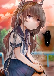 Rule 34 | ..., 1girl, absurdres, blue neckerchief, blue skirt, brown hair, fortissimo, grey eyes, hair ornament, highres, hiyoko setto, jitome, long hair, looking at viewer, low twintails, mole, mole under eye, musical note, musical note hair ornament, neckerchief, on swing, original, outdoors, red sky, school uniform, serafuku, shirt, short sleeves, sitting, skirt, sky, solo, spoken ellipsis, sunlight, swing, twintails, white shirt