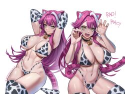 1girl :d animal_ear_fluff animal_ears animal_print arms_up bell bikini black_choker breasts cat_ears cat_girl cat_tail choker cow_print cow_print_bikini cow_print_thighhighs cowbell curvy fangs hair_intakes hands_up highres hololive hololive_english large_breasts multiple_views navel neck_bell open_mouth paw_pose pink_hair print_bikini print_thighhighs raora_panthera seventeencrows simple_background smile stomach swimsuit tail thighhighs virtual_youtuber white_background yellow_eyes