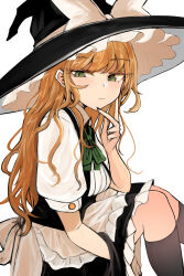 1girl apron bad_id bad_twitter_id black_hat black_nails black_skirt black_socks blonde_hair bow expressionless green_eyes hand_on_own_face hat highres kirisame_marisa kneehighs long_hair looking_at_viewer looking_to_the_side necro_(nekurodayo) shirt short_sleeves skirt socks solo touhou white_apron white_background white_bow white_shirt witch_hat