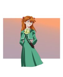 1girl :p alternate_costume amondetauro arms_behind_back bag blue_eyes cropped_legs dress green_dress highres interface_headset_(evangelion) looking_at_viewer neon_genesis_evangelion orange_hair shoulder_bag solo souryuu_asuka_langley tongue tongue_out