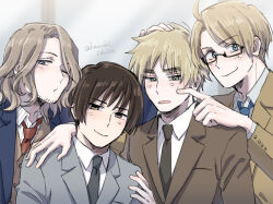 Rule 34 | 4boys, ahoge, america (hetalia), artist name, axis powers hetalia, black-framed eyewear, black necktie, blonde hair, blue eyes, blue jacket, blue necktie, blunt ends, blush, brown eyes, brown hair, brown jacket, brown vest, buttons, closed mouth, collared shirt, commentary request, facial hair, finger to cheek, formal clothes, france (hetalia), glasses, green eyes, grey background, grey jacket, haruki chise, jacket, japan (hetalia), lapels, long sleeves, looking at another, looking at viewer, male focus, multiple boys, necktie, one eye closed, open clothes, open jacket, open mouth, purple eyes, red necktie, semi-rimless eyewear, shirt, short hair, simple background, smile, striped clothes, striped shirt, suit jacket, united kingdom (hetalia), upper body, vertical-striped clothes, vertical-striped shirt, vest, white shirt, yellow jacket