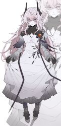 Rule 34 | 1girl, absurdres, ai nanjie, arknights, black dress, black horns, black pantyhose, cleavage cutout, closed mouth, clothing cutout, crossed bangs, dress, full body, grey dress, hair between eyes, highres, horns, jewelry, long dress, long hair, long sleeves, looking at viewer, multiple rings, pantyhose, pink eyes, pink hair, ring, skirt hold, smile, solo, theresa (arknights), turtleneck, turtleneck dress, white background, white dress, zoom layer