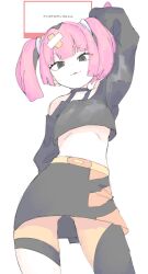 Rule 34 | 1girl, absurdres, arm up, bandaid, bandaid hair ornament, black eyes, black hair, black shirt, black skirt, blunt bangs, coral (pokemon), cropped shirt, hair ornament, highres, long sleeves, looking at viewer, midriff, mocamocaink, multicolored hair, nintendo, pink hair, pokemon, pokemon (anime), pokemon horizons, shirt, skirt, sleeves past fingers, sleeves past wrists, solo, twintails, two-tone hair, white background